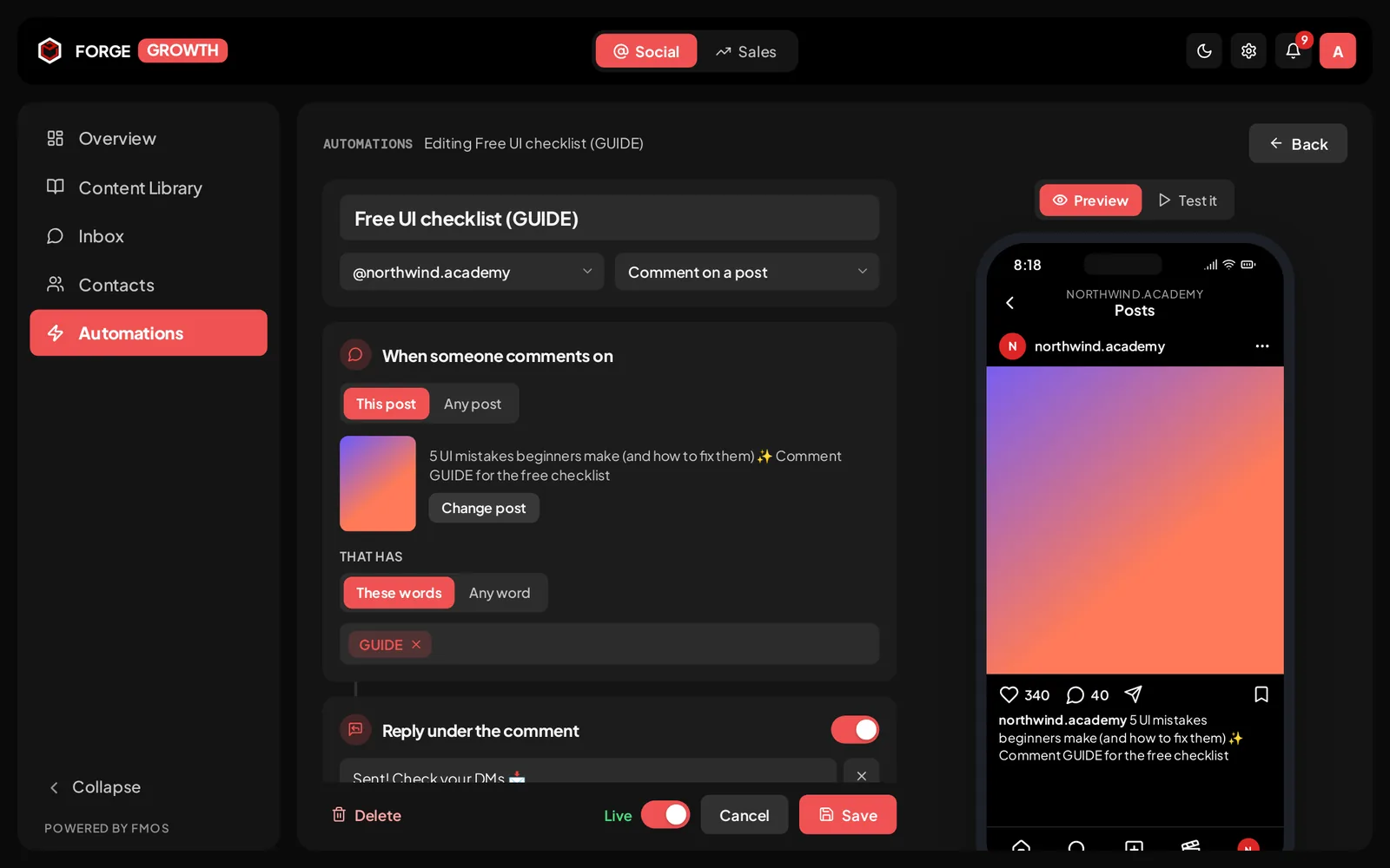 Comment-to-DM automation editor with a live phone preview