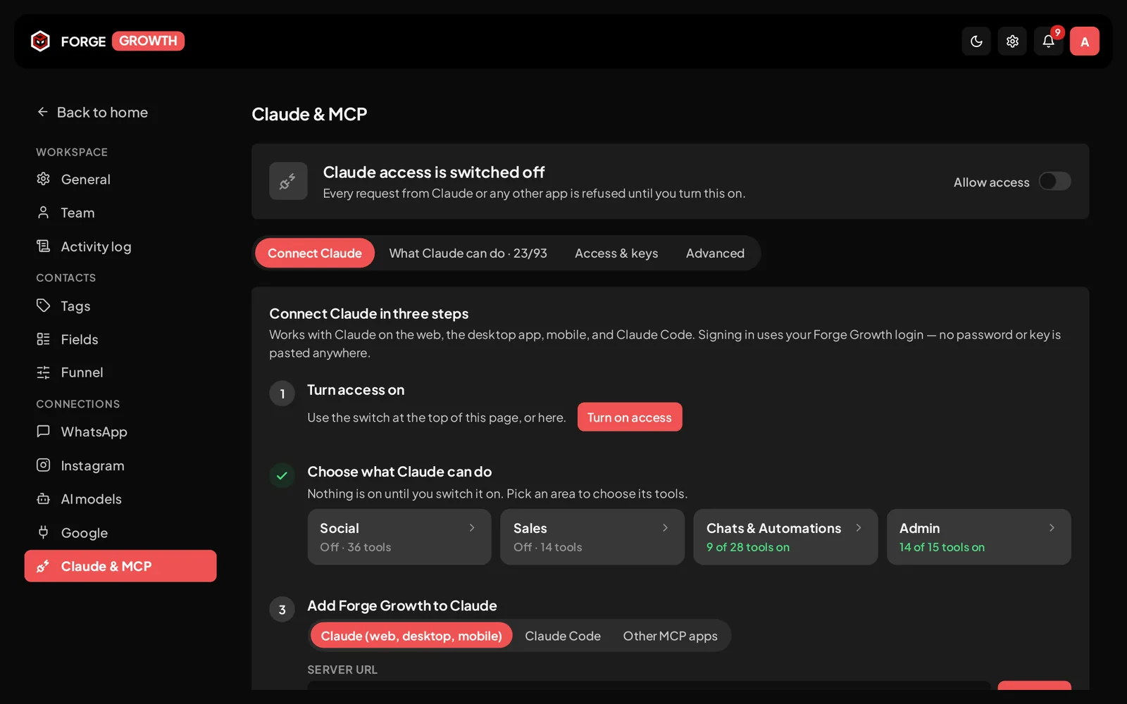 Settings: connect Claude in three steps