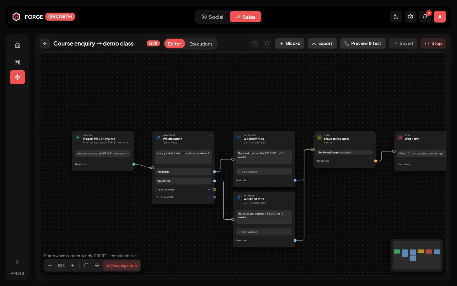 WhatsApp flow builder canvas